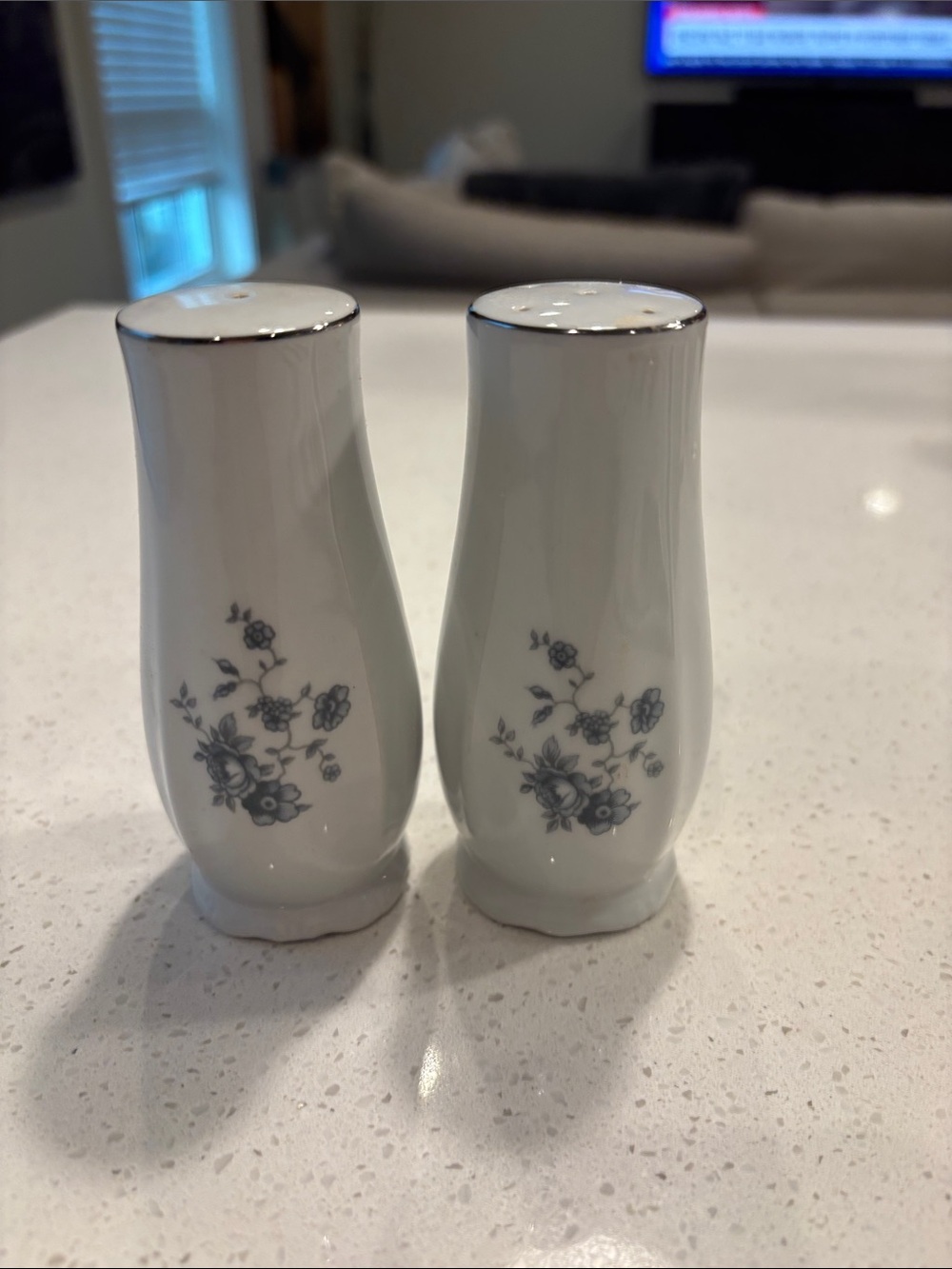 Porcelain Floral Salt and Pepper Shakers - White with Blue Floral Accent
